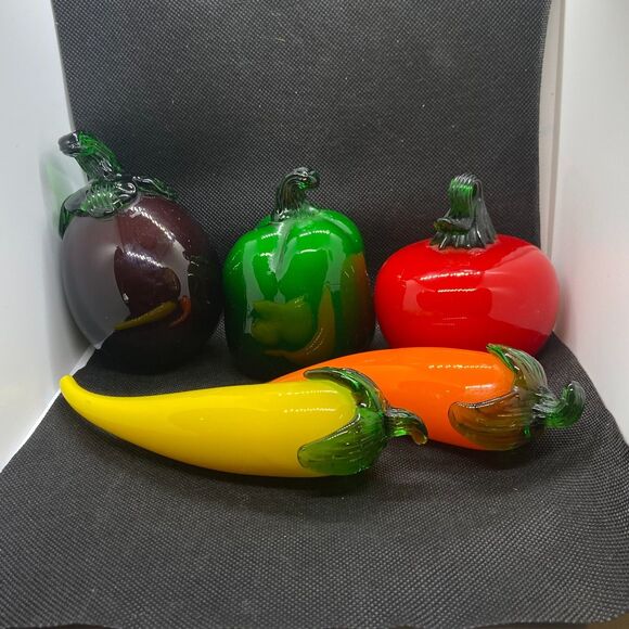 Vintage Murano Style Art Glass Vegetables Set of 5 Peppers tomato, eggplant - Picture 1 of 8